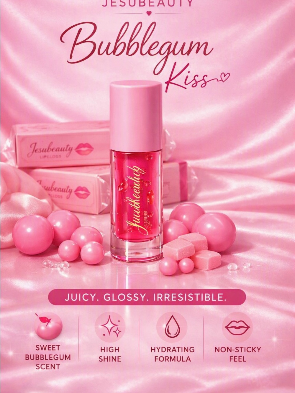 Jesubeauty Bubblegum Kiss Lip Gloss — Pink High-Shine Hydrating Gloss